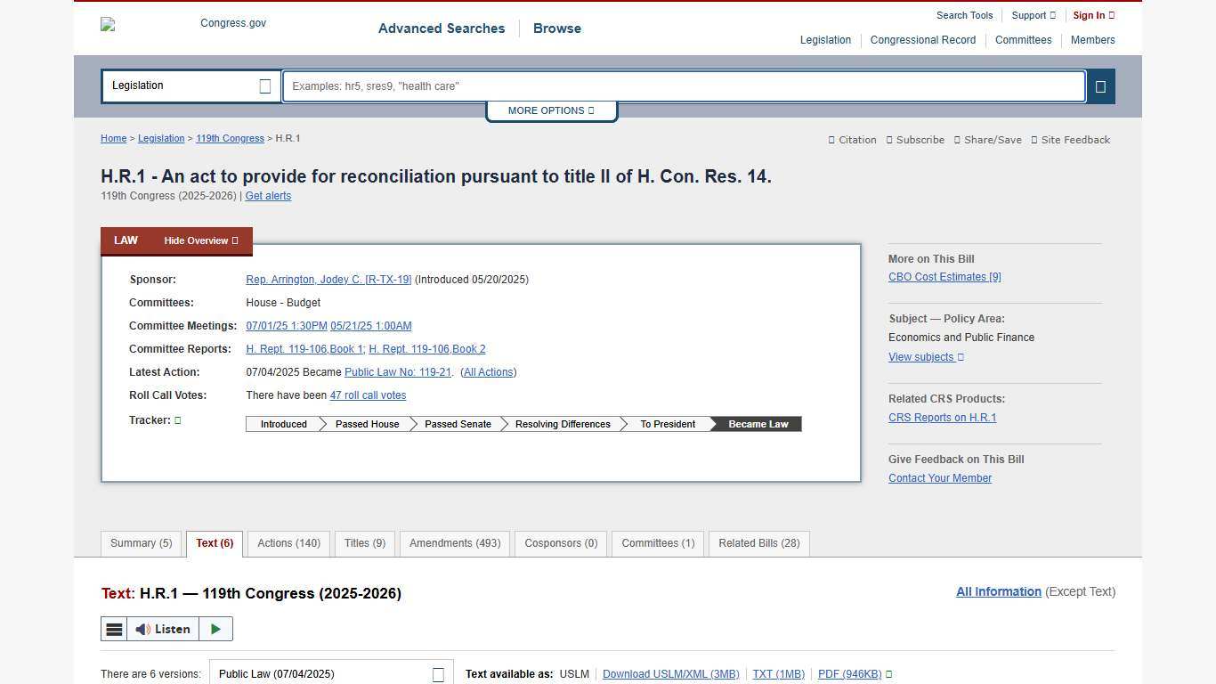 Text - H.R.1 - 119th Congress (2025-2026): An act to provide for reconciliation pursuant to title II of H. Con. Res. 14. Congress.gov Library of Congress
