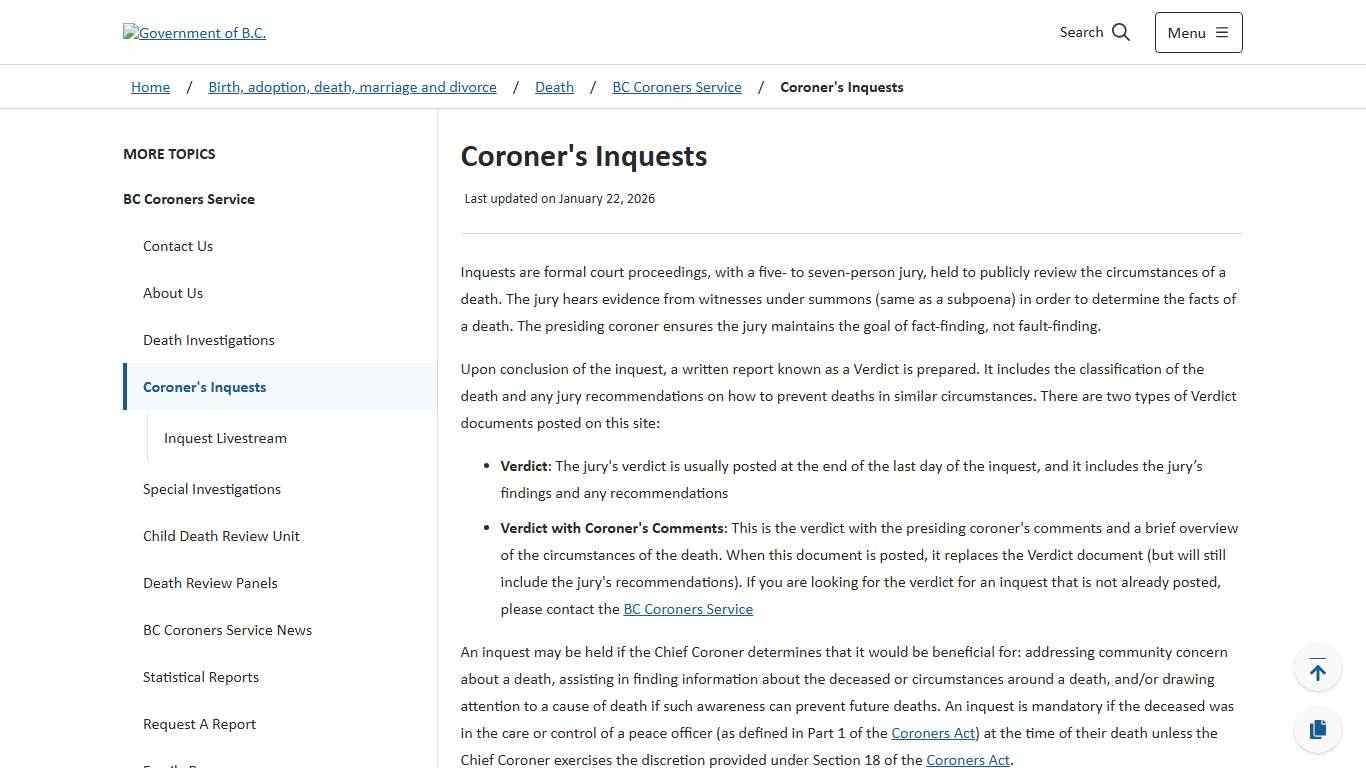 Coroner's Inquests - Province of British Columbia